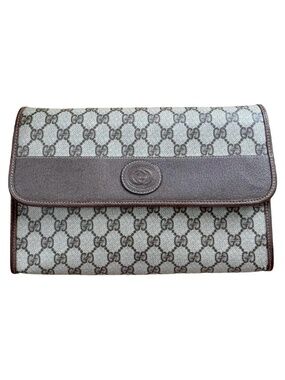 Authentic Vintage Gucci Brown Monogram Canvas Leather Flap Crossbody Clutch Bag